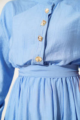 Fırfırlı Düğmeli Elbise Mavi - Tesettür Elbise