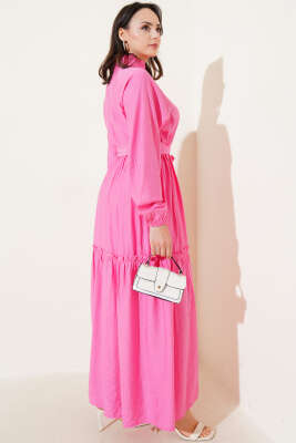 Fırfırlı Düğmeli Elbise Pembe - Tesettür Elbise