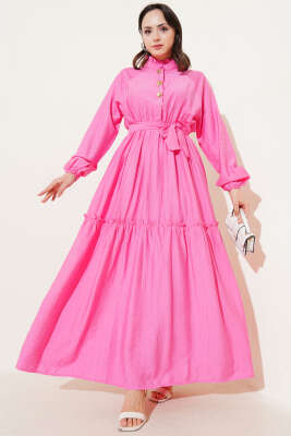 Fırfırlı Düğmeli Elbise Pembe 