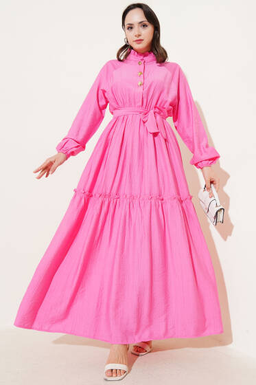 Fırfırlı Düğmeli Elbise Pembe - Tesettür Elbise