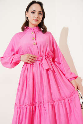 Fırfırlı Düğmeli Elbise Pembe - Tesettür Elbise