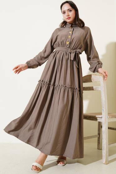 Fırfırlı Düğmeli Elbise Vizon - Tesettür Elbise