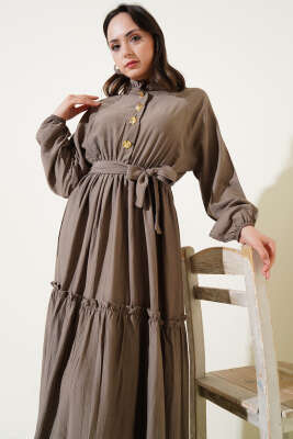 Fırfırlı Düğmeli Elbise Vizon - Tesettür Elbise