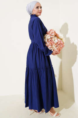 Fırfırlı Düğmeli Elbise Lacivert - Tesettür Elbise