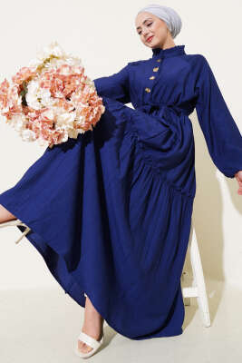Fırfırlı Düğmeli Elbise Lacivert - Tesettür Elbise