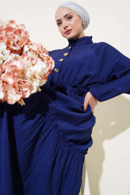 Fırfırlı Düğmeli Elbise Lacivert