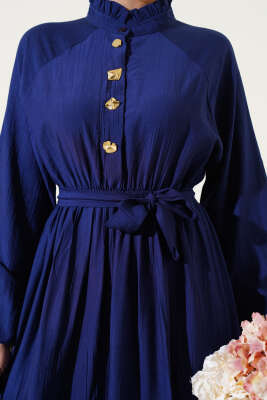 Fırfırlı Düğmeli Elbise Lacivert - Tesettür Elbise