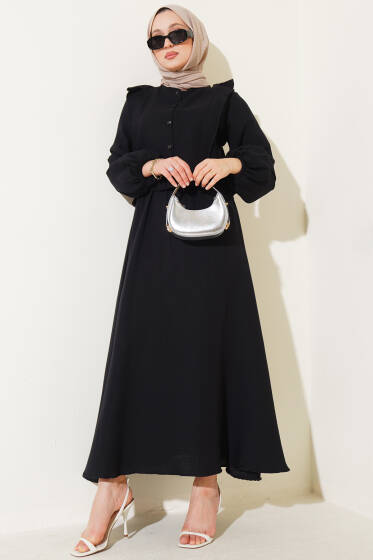 Fırfırlı Düğmeli Etekli Müslin İkili Takım Siyah - İkili Takım