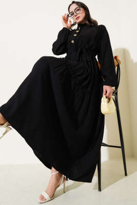 Fırfırlı Düğmeli Elbise Siyah 