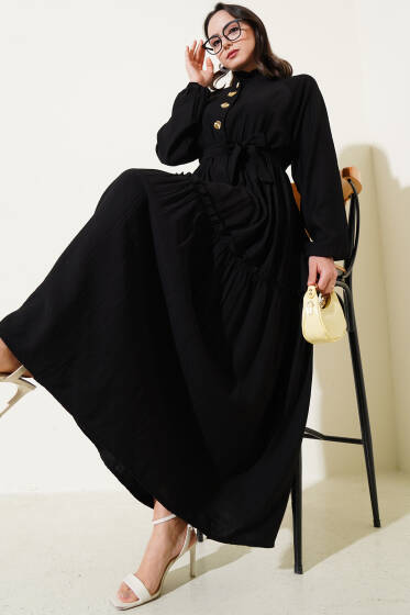 Fırfırlı Düğmeli Elbise Siyah - Tesettür Elbise
