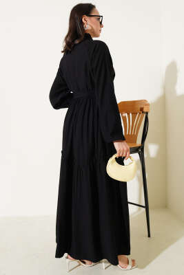 Fırfırlı Düğmeli Elbise Siyah - Tesettür Elbise