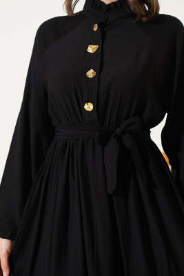 Fırfırlı Düğmeli Elbise Siyah - Tesettür Elbise