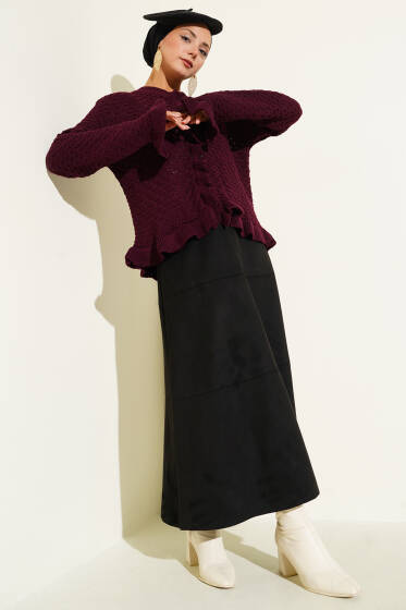 Fırfırlı Düğmeli Kısa Triko Hırka Bordo - Hırka