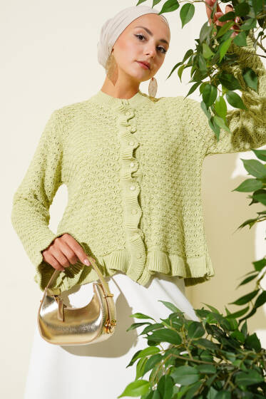 Fırfırlı Düğmeli Kısa Triko Hırka Çağla Yeşili - Hırka