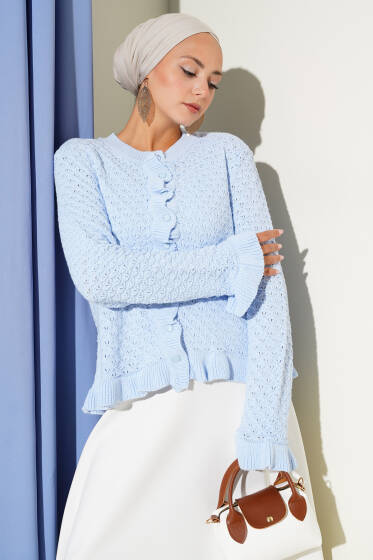 Fırfırlı Düğmeli Kısa Triko Hırka Mavi - Hırka