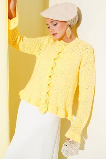 Fırfırlı Düğmeli Kısa Triko Hırka Sarı - Hırka