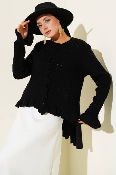 Fırfırlı Düğmeli Kısa Triko Hırka Siyah - Hırka