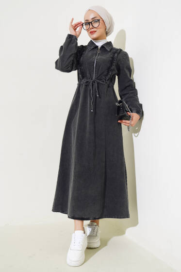 Fırfırlı Fermuarlı Kot Elbise Füme - Elbise