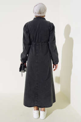 Fırfırlı Fermuarlı Kot Elbise Füme - Tesettür Elbise