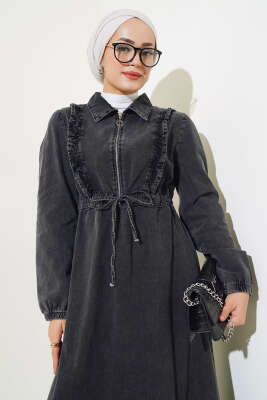 Fırfırlı Fermuarlı Kot Elbise Füme - Tesettür Elbise