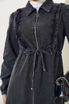 Fırfırlı Fermuarlı Kot Elbise Füme - Tesettür Elbise