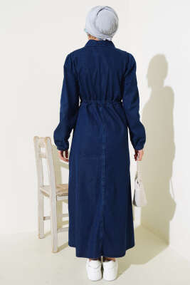 Fırfırlı Fermuarlı Kot Elbise Lacivert - Tesettür Elbise