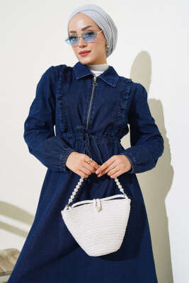 Fırfırlı Fermuarlı Kot Elbise Lacivert - Tesettür Elbise