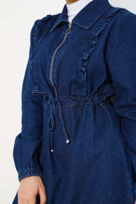 Fırfırlı Fermuarlı Kot Elbise Lacivert - Tesettür Elbise