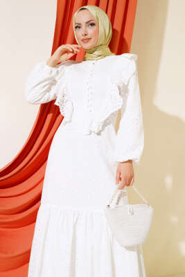 Fırfırlı Fisto Elbise Beyaz - Tesettür Elbise
