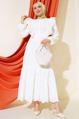 Fırfırlı Fisto Elbise Beyaz - ZAMANE (QSS)