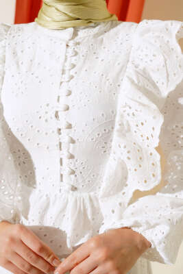 Fırfırlı Fisto Elbise Beyaz - Tesettür Elbise