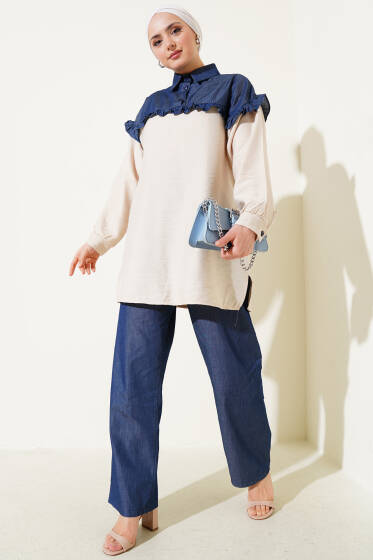 Fırfırlı Garnili Yarım Düğmeli İkili Takım Bej - İkili Takım