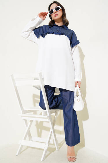 Fırfırlı Garnili Yarım Düğmeli İkili Takım Beyaz - İkili Takım