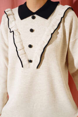 Fırfırlı Gömlek Yaka Triko İkili Takım Bej - Triko İkili Takım