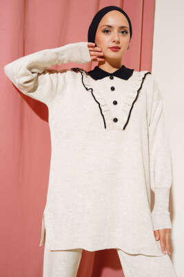 Fırfırlı Gömlek Yaka Triko İkili Takım Bej - Triko İkili Takım