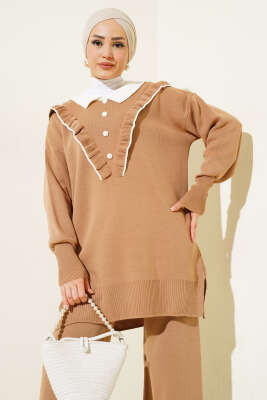 Fırfırlı Gömlek Yaka Triko İkili Takım Bisküvi - Triko İkili Takım