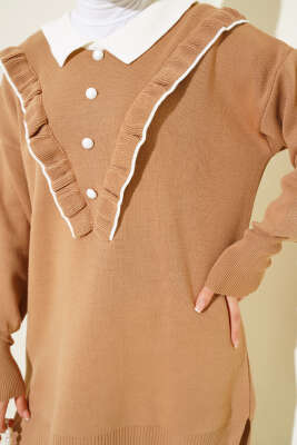 Fırfırlı Gömlek Yaka Triko İkili Takım Bisküvi - Triko İkili Takım