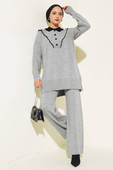 Fırfırlı Gömlek Yaka Triko İkili Takım Gri - İkili Takım