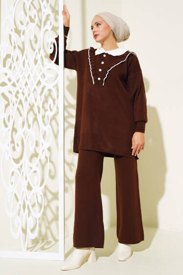 Fırfırlı Gömlek Yaka Triko İkili Takım Kahve - İkili Takım