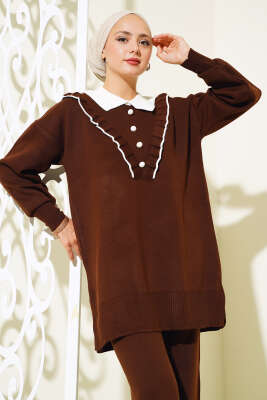 Fırfırlı Gömlek Yaka Triko İkili Takım Kahve - Triko İkili Takım