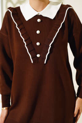 Fırfırlı Gömlek Yaka Triko İkili Takım Kahve - Triko İkili Takım