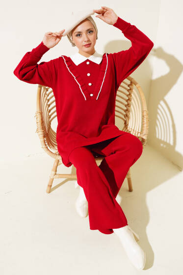 Fırfırlı Gömlek Yaka Triko İkili Takım Kırmızı - İkili Takım