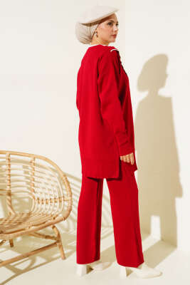 Fırfırlı Gömlek Yaka Triko İkili Takım Kırmızı - Triko İkili Takım