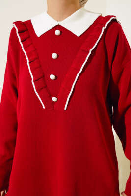 Fırfırlı Gömlek Yaka Triko İkili Takım Kırmızı - Triko İkili Takım