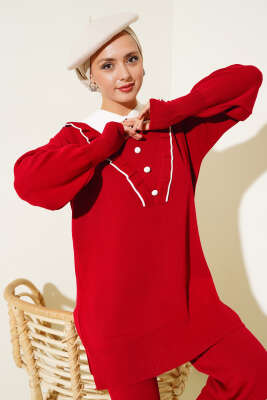 Fırfırlı Gömlek Yaka Triko İkili Takım Kırmızı - Triko İkili Takım