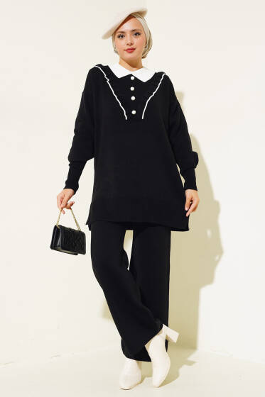 Fırfırlı Gömlek Yaka Triko İkili Takım Siyah - İkili Takım