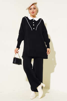 Fırfırlı Gömlek Yaka Triko İkili Takım Siyah - Triko İkili Takım