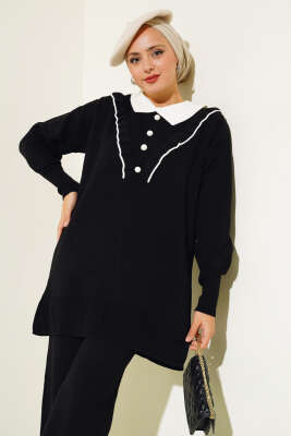 Fırfırlı Gömlek Yaka Triko İkili Takım Siyah - Triko İkili Takım