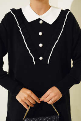 Fırfırlı Gömlek Yaka Triko İkili Takım Siyah - Triko İkili Takım