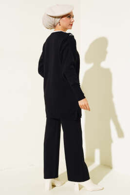 Fırfırlı Gömlek Yaka Triko İkili Takım Siyah - Triko İkili Takım